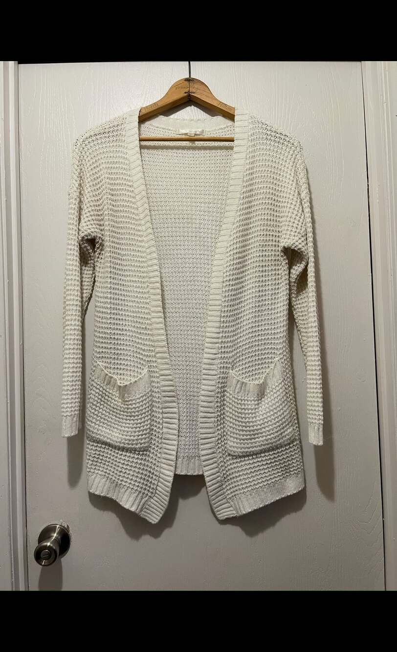 Say What? White Waffle Knit Open Front Cardigan with Pockets